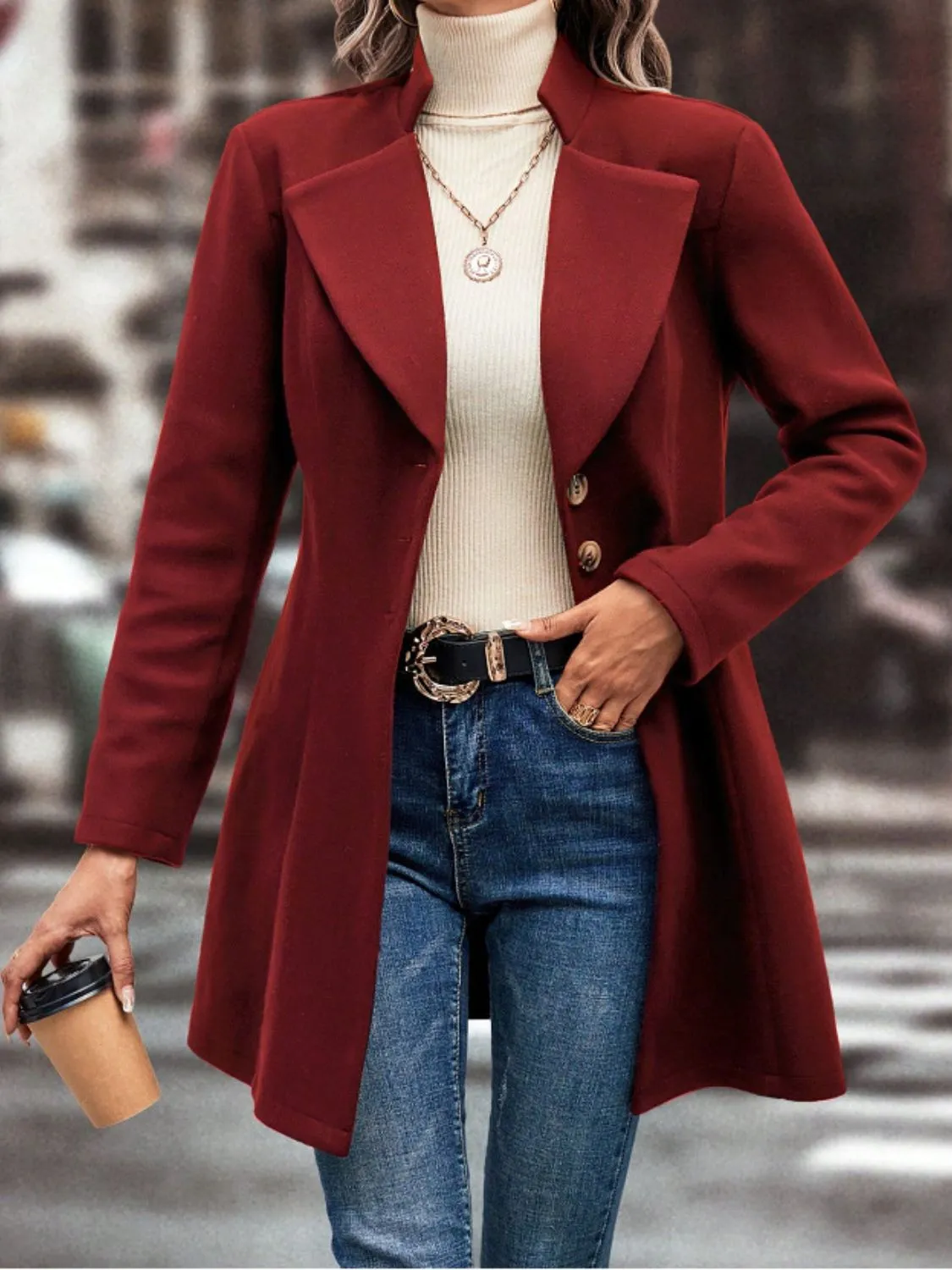 Collared Neck Long Sleeve Coat
