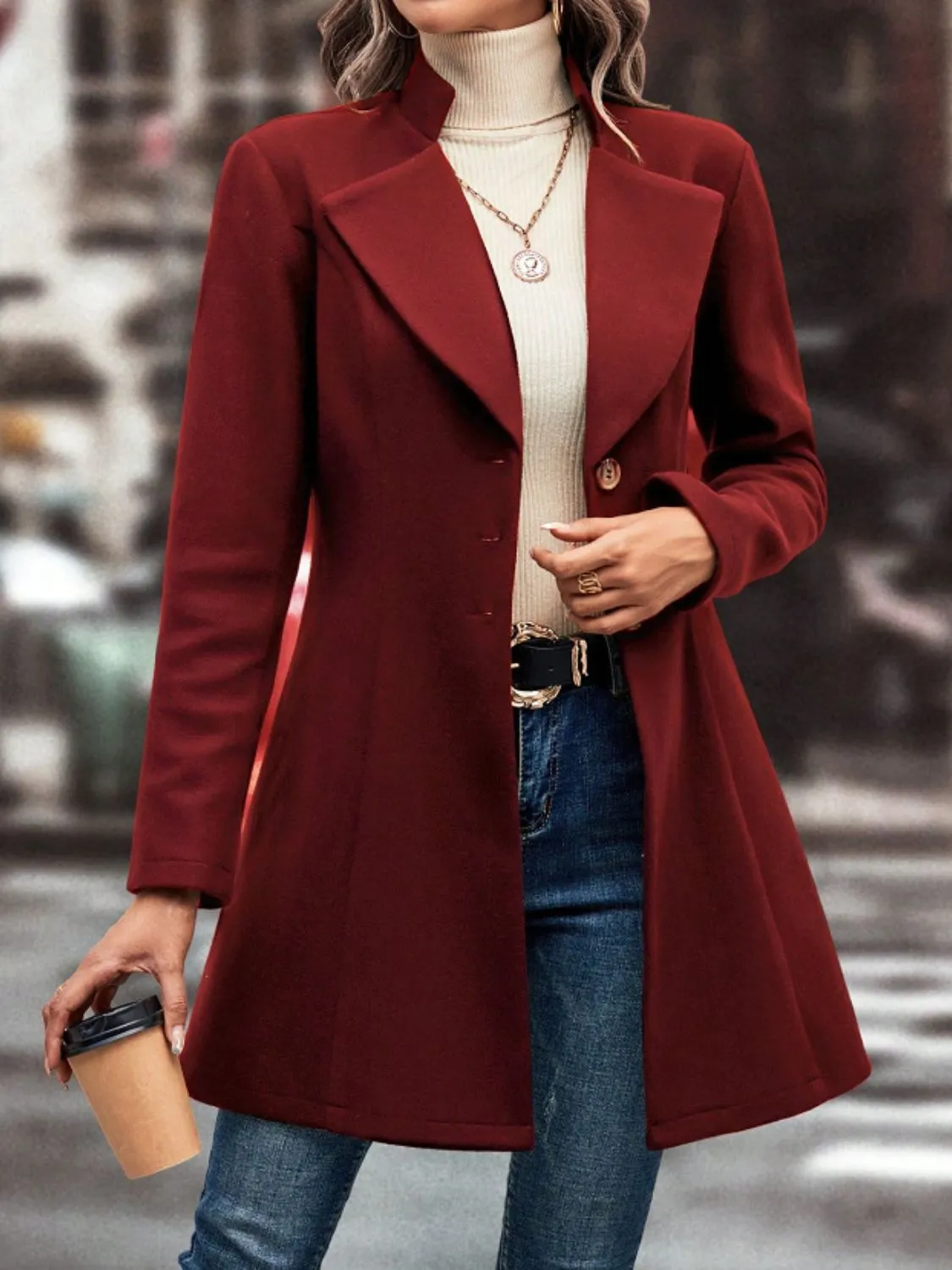 Collared Neck Long Sleeve Coat