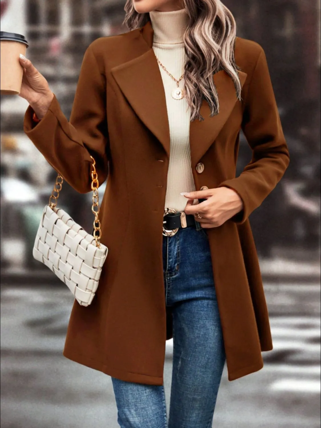 Collared Neck Long Sleeve Coat