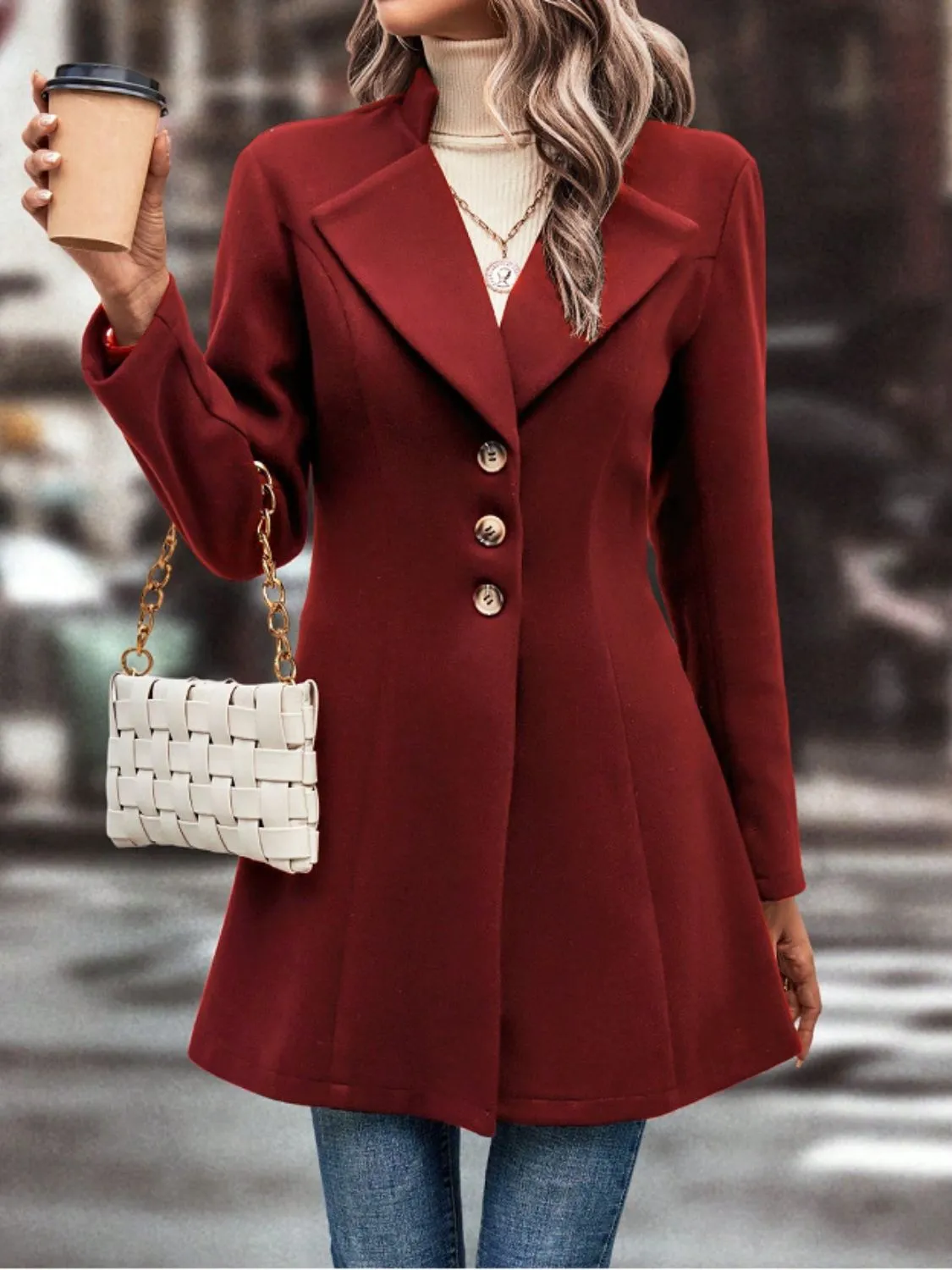Collared Neck Long Sleeve Coat