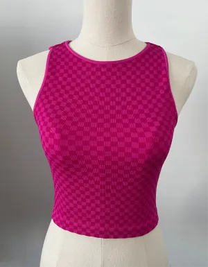 Cropped Ribbed High Neck - Magenta Checker