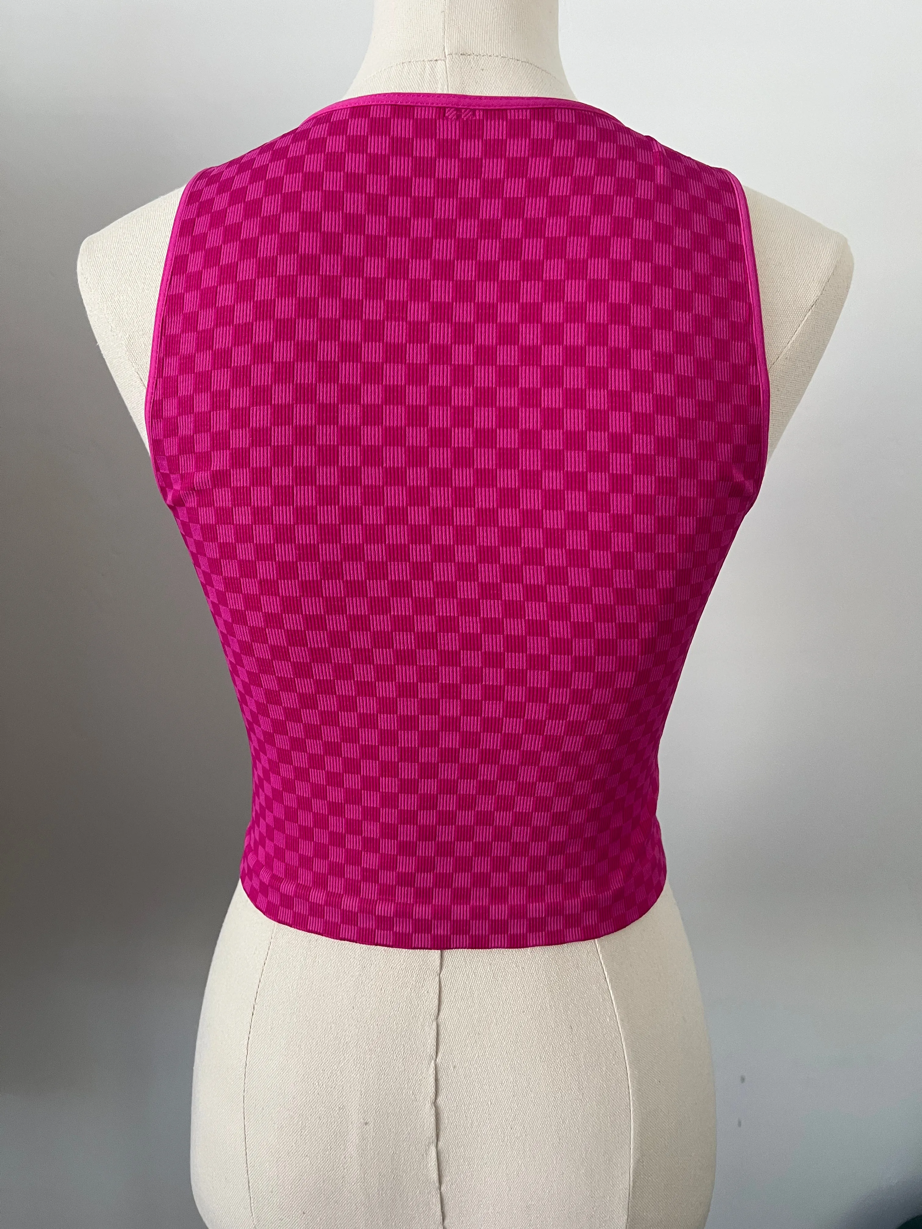 Cropped Ribbed High Neck - Magenta Checker