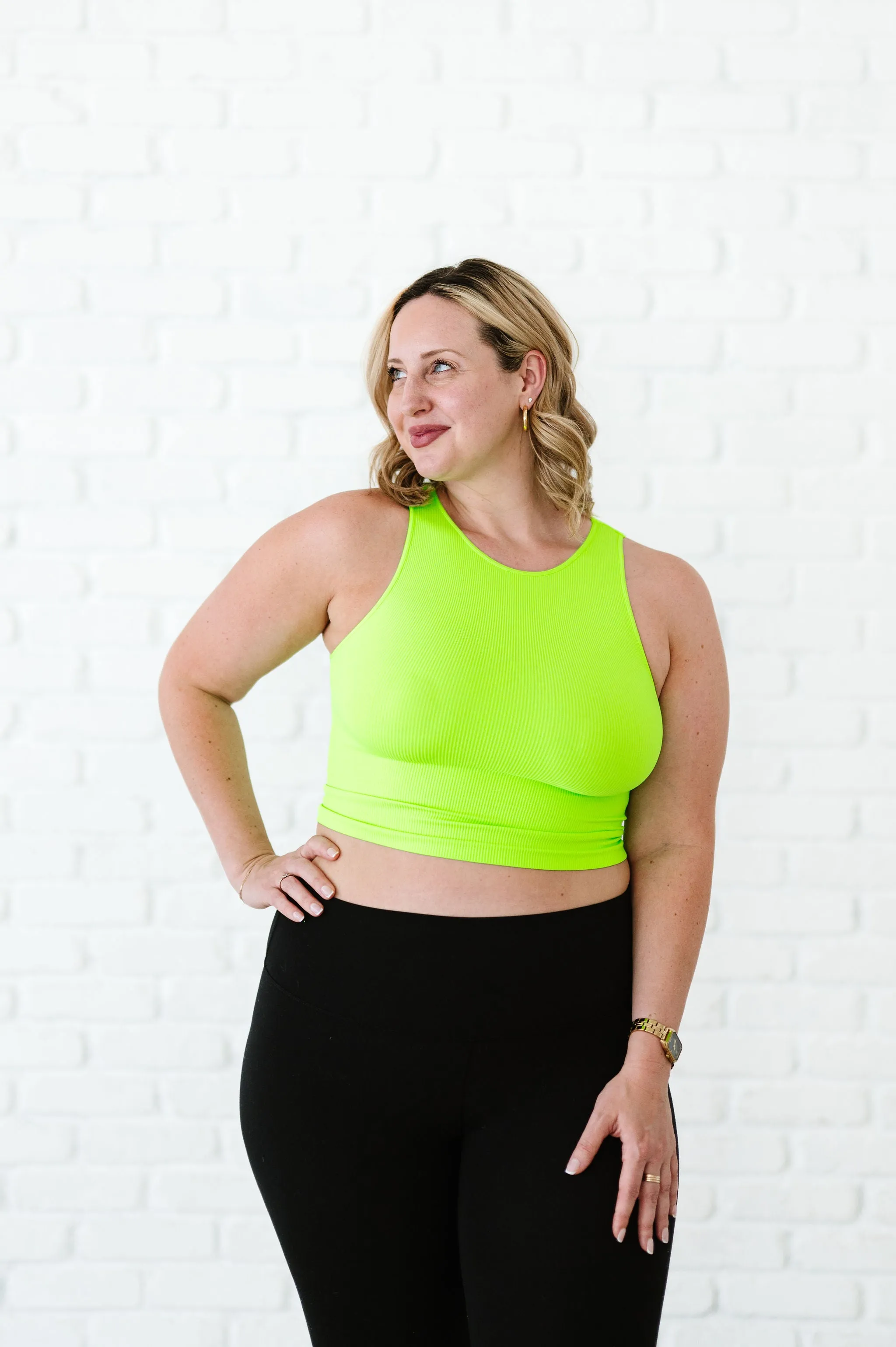 Cropped Ribbed High Neck - Neon Green