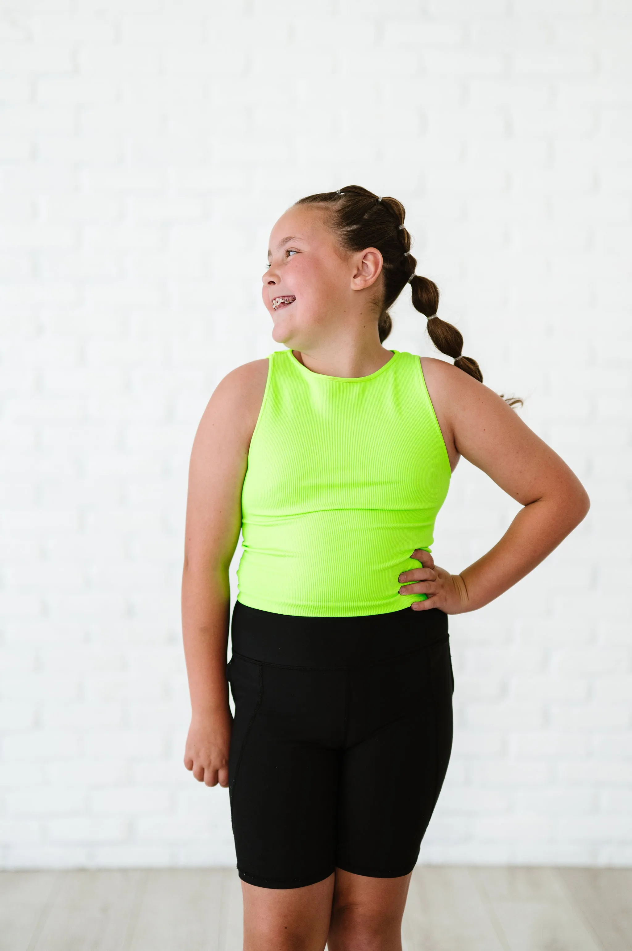 Cropped Ribbed High Neck - Neon Green