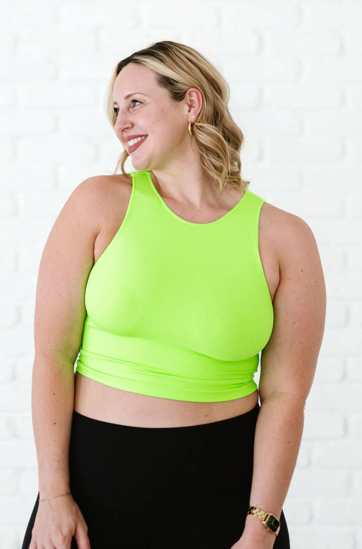 Cropped Ribbed High Neck - Neon Green