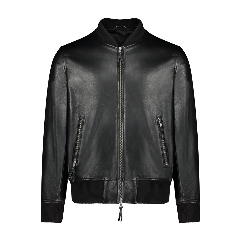 Custom Leather Bomber Jacket - Black