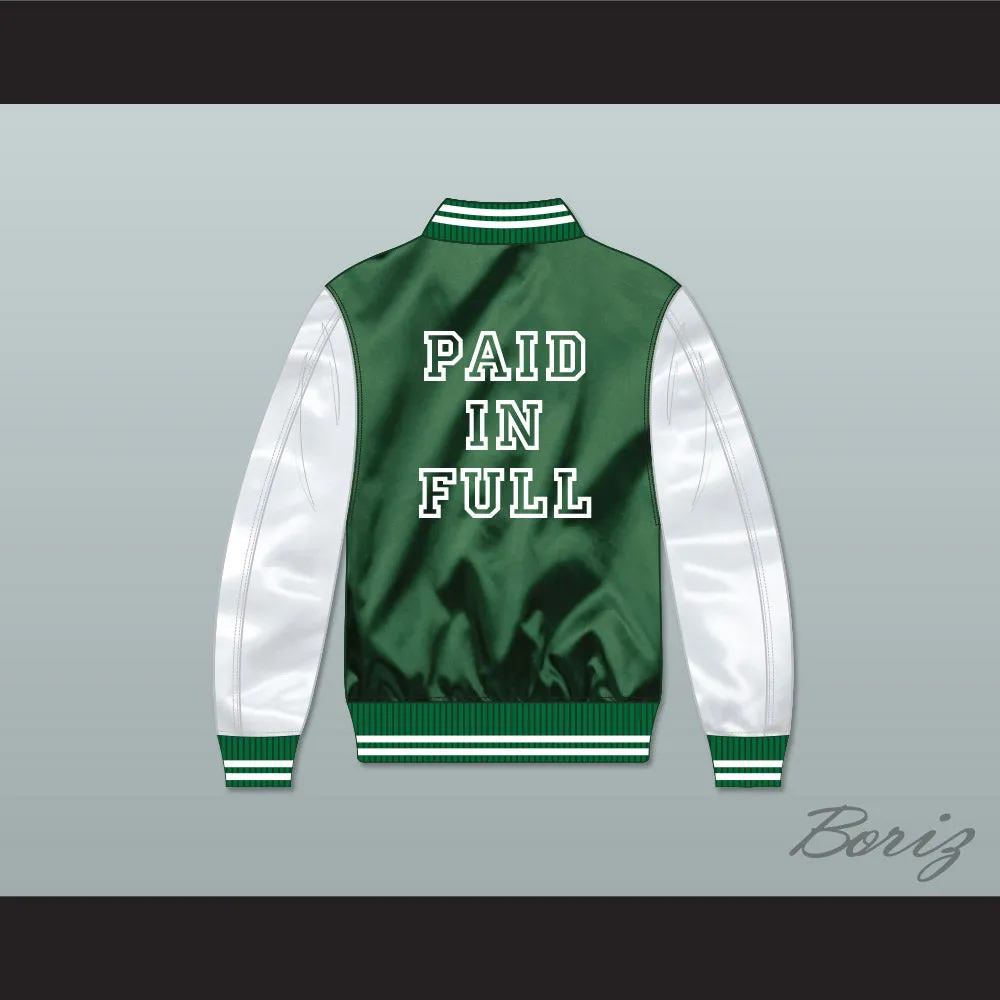 Dollar Bill Paid In Full Green/ White Varsity Letterman Satin Bomber Jacket
