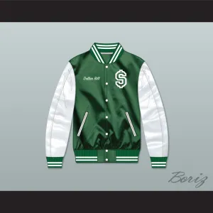 Dollar Bill Paid In Full Green/ White Varsity Letterman Satin Bomber Jacket