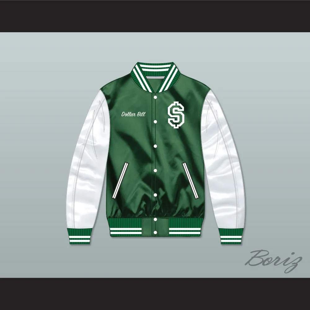Dollar Bill Paid In Full Green/ White Varsity Letterman Satin Bomber Jacket