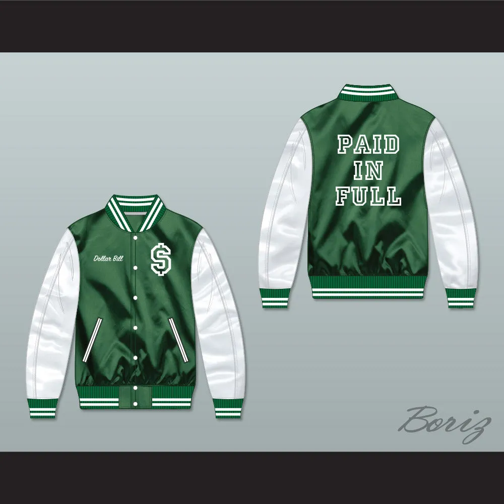 Dollar Bill Paid In Full Green/ White Varsity Letterman Satin Bomber Jacket