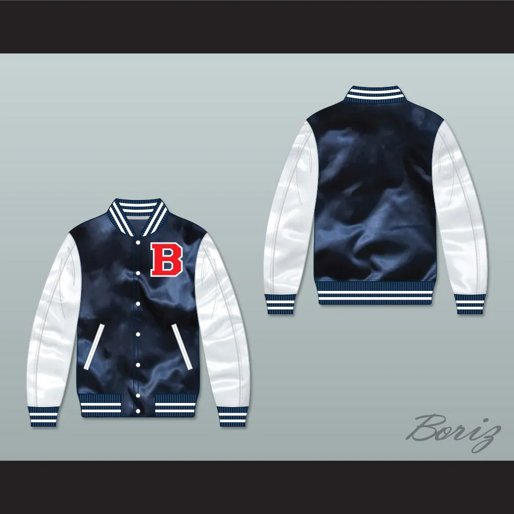 Drake SNL Teen Wolf Navy Blue/ White Varsity Letterman Satin Bomber Jacket