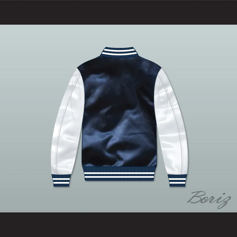Drake SNL Teen Wolf Navy Blue/ White Varsity Letterman Satin Bomber Jacket