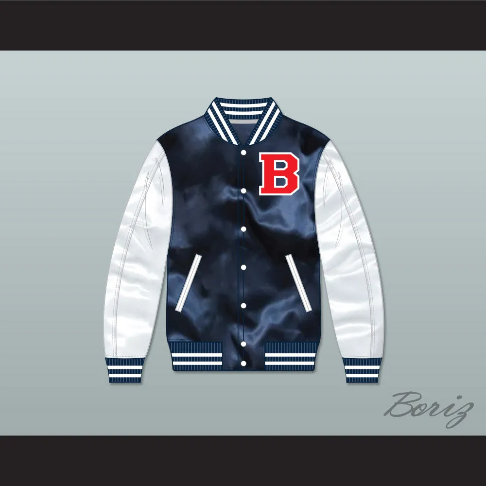 Drake SNL Teen Wolf Navy Blue/ White Varsity Letterman Satin Bomber Jacket