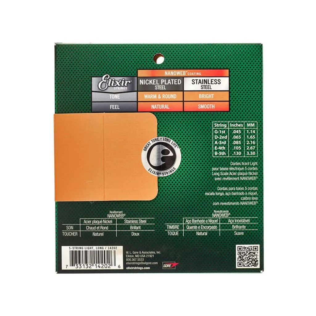 Elixir 14202 Nanoweb Light Long Scale 5-String Bass Strings 45-130