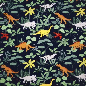 End of Roll Rem Organic French Terry in Navy Dinosaur Print