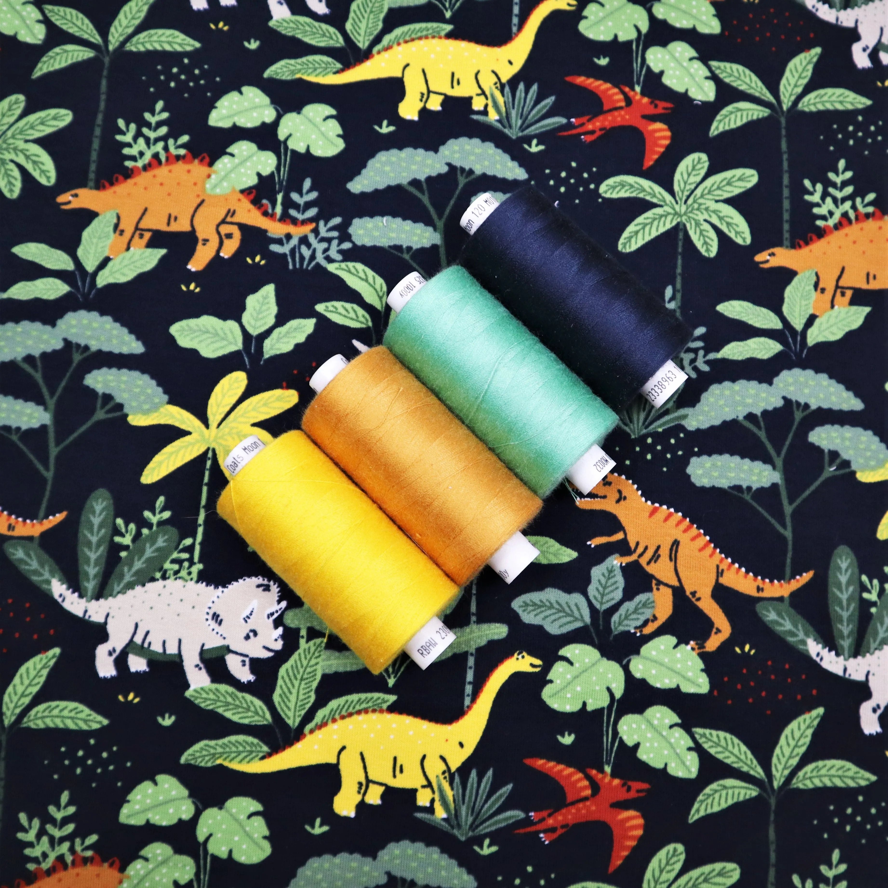 End of Roll Rem Organic French Terry in Navy Dinosaur Print