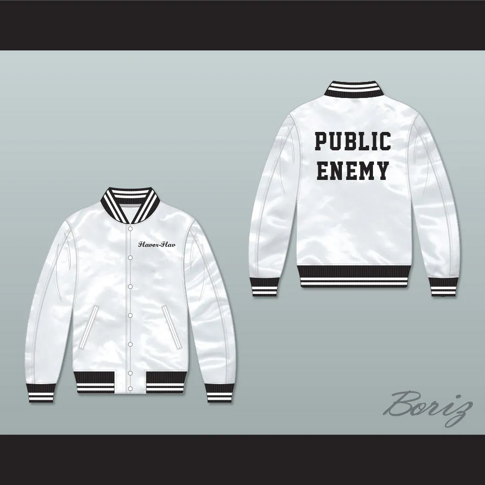 Flavor-Flav Public Enemy White Varsity Letterman Satin Bomber Jacket