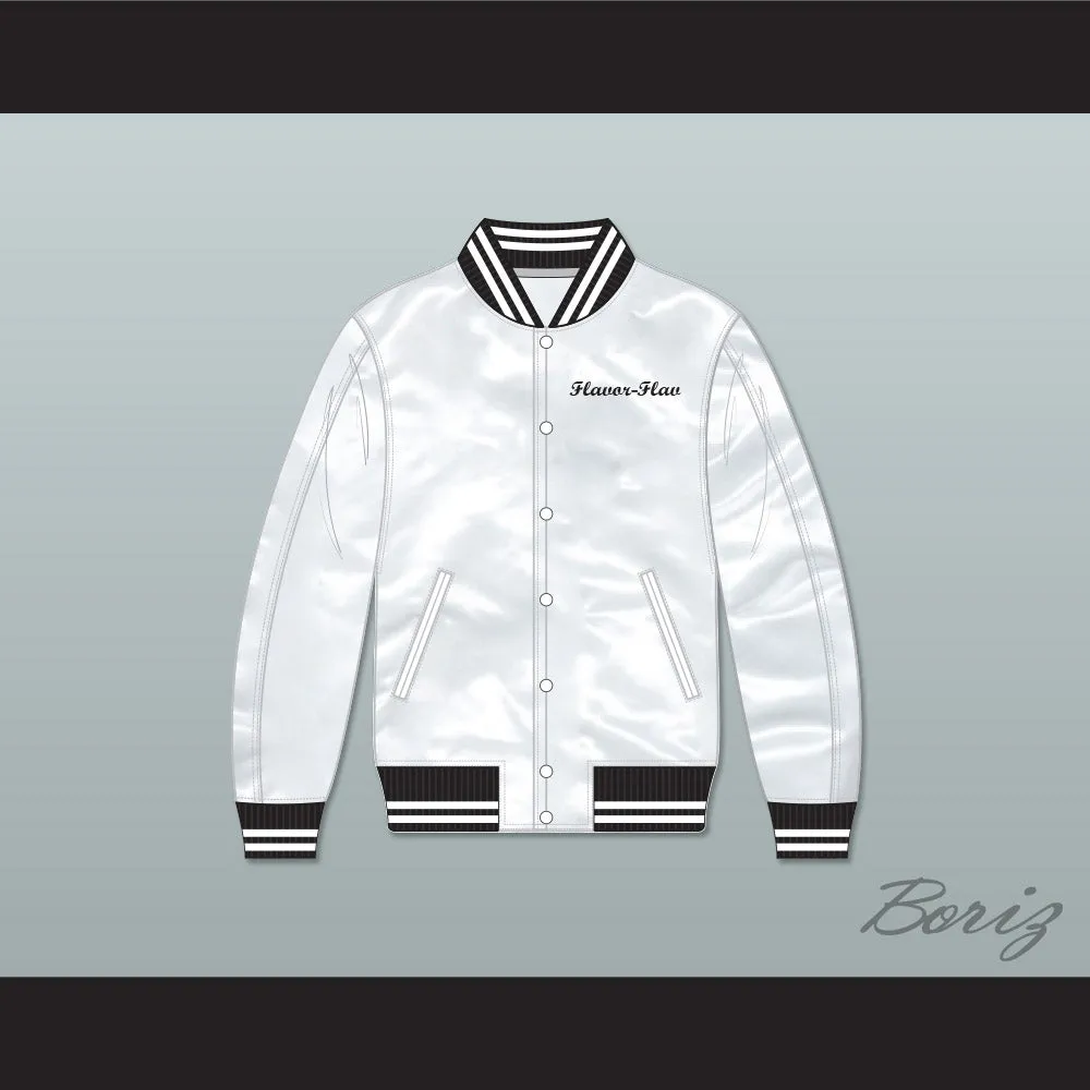 Flavor-Flav Public Enemy White Varsity Letterman Satin Bomber Jacket