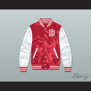 Fredo Bang No Security Red and White Varsity Letterman Satin Bomber Jacket
