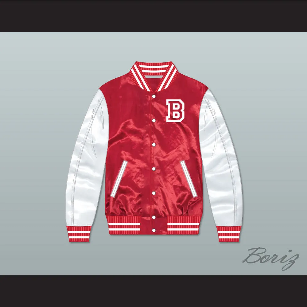 Fredo Bang No Security Red and White Varsity Letterman Satin Bomber Jacket