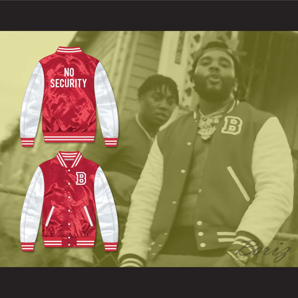 Fredo Bang No Security Red and White Varsity Letterman Satin Bomber Jacket
