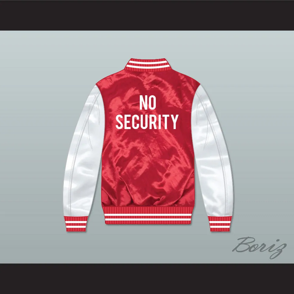 Fredo Bang No Security Red and White Varsity Letterman Satin Bomber Jacket