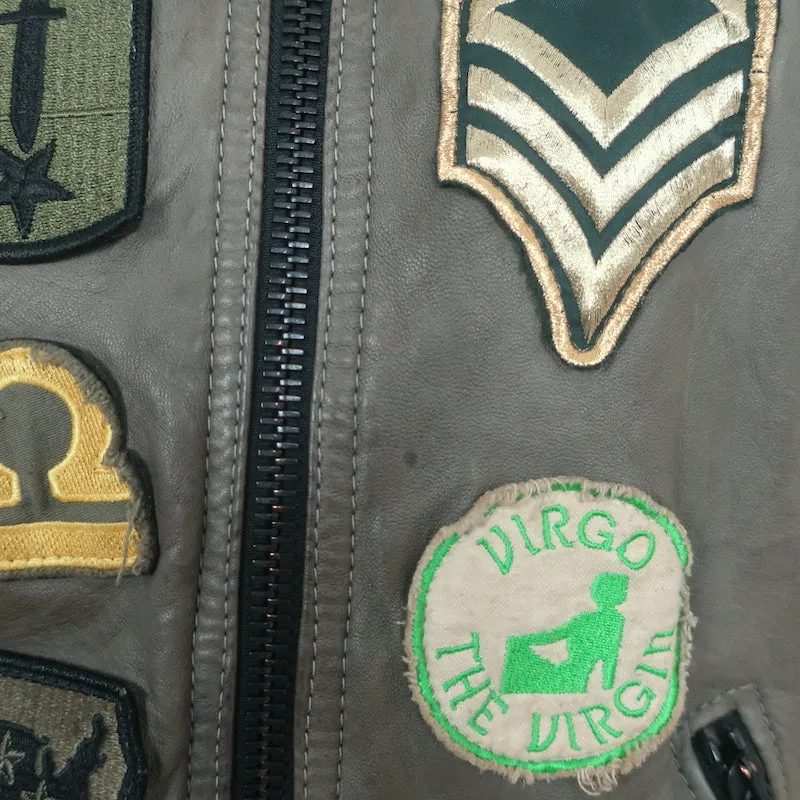 Giorgio Brato Zodiac Patch Leather Bomber Jacket Army Green Size 42