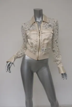Givenchy Lace Bomber Jacket with Satin Trim Ivory Size 36