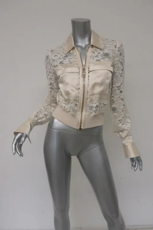 Givenchy Lace Bomber Jacket with Satin Trim Ivory Size 36