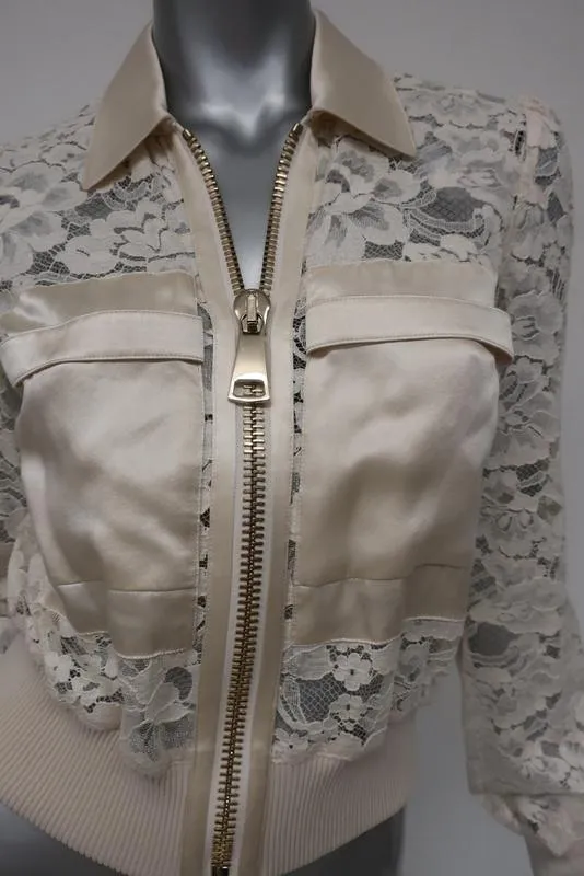 Givenchy Lace Bomber Jacket with Satin Trim Ivory Size 36