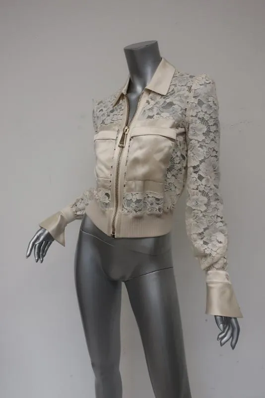 Givenchy Lace Bomber Jacket with Satin Trim Ivory Size 36