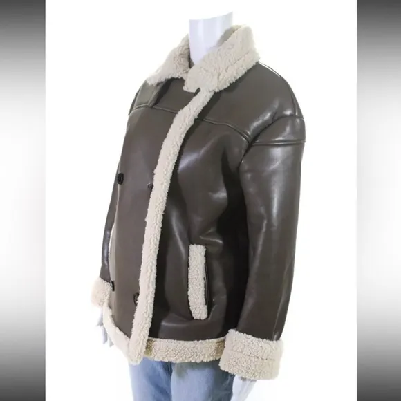 Glamorous Fur Collar Long Vegan Leather Bomber Jacket Brown / Green Size XS