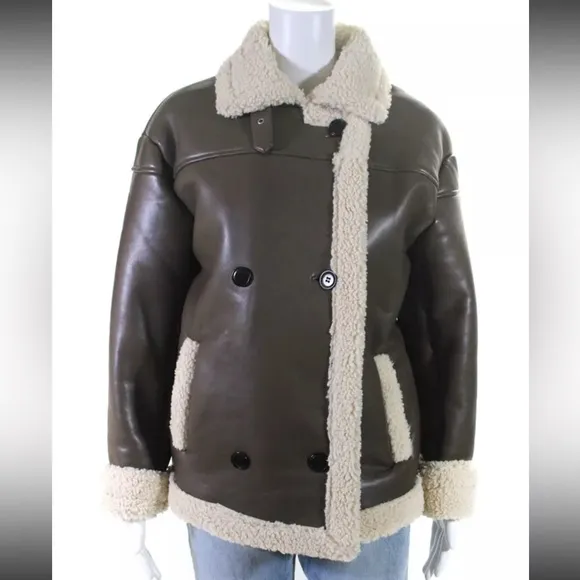 Glamorous Fur Collar Long Vegan Leather Bomber Jacket Brown / Green Size XS