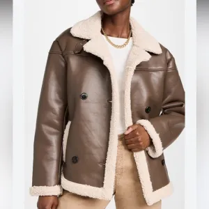 Glamorous Fur Collar Long Vegan Leather Bomber Jacket Brown / Green Size XS