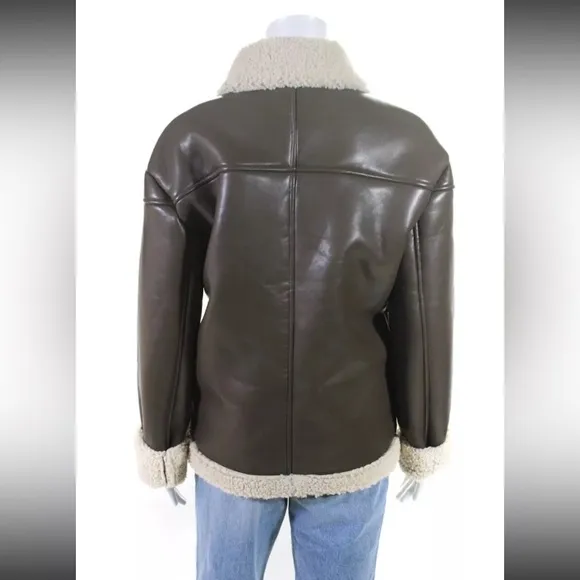 Glamorous Fur Collar Long Vegan Leather Bomber Jacket Brown / Green Size XS