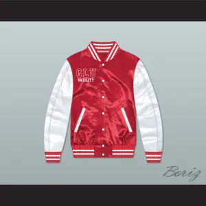 Grand Lakes University Hooters Red/ White Varsity Letterman Satin Bomber Jacket