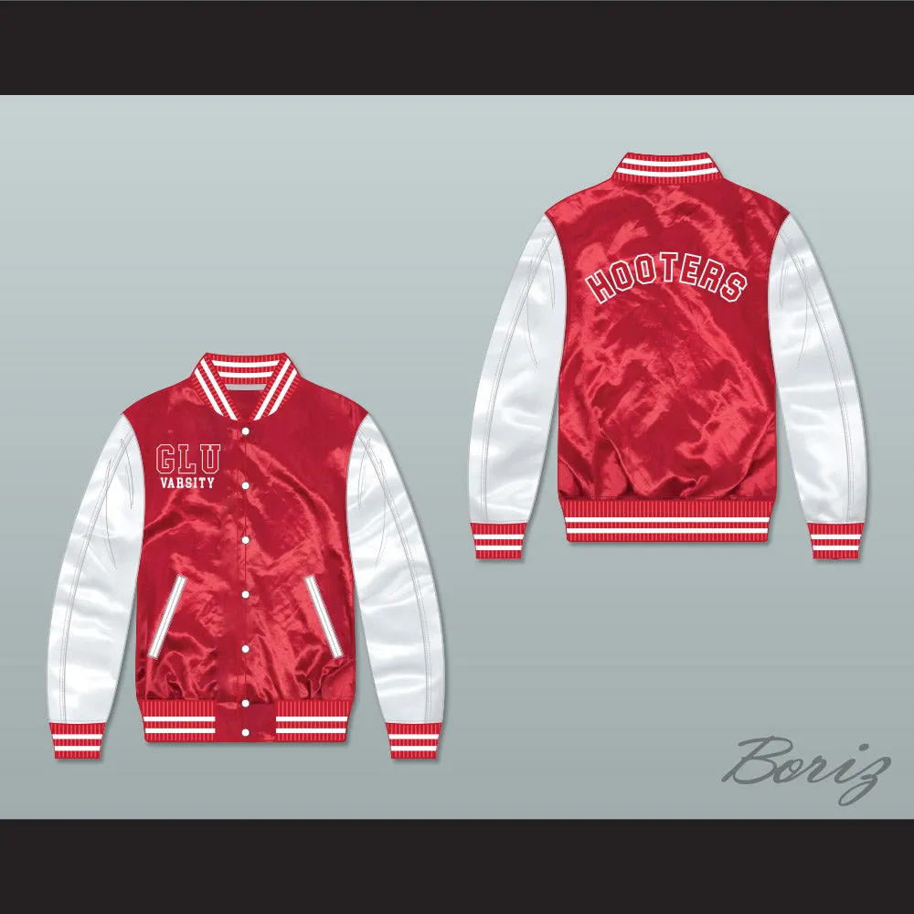 Grand Lakes University Hooters Red/ White Varsity Letterman Satin Bomber Jacket