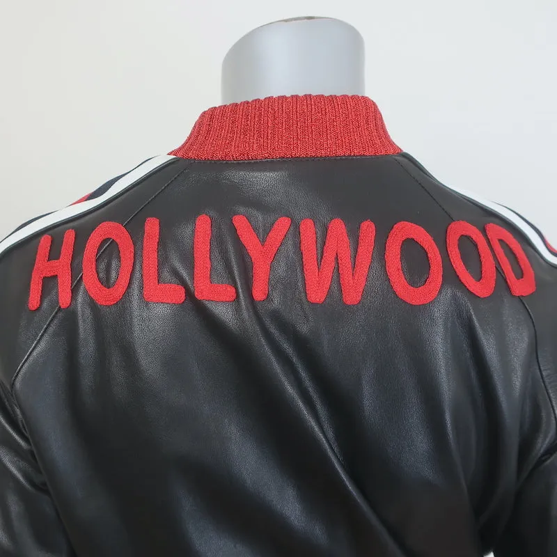 Gucci Hollywood Embroidered Leather Bomber Jacket Black Size 42