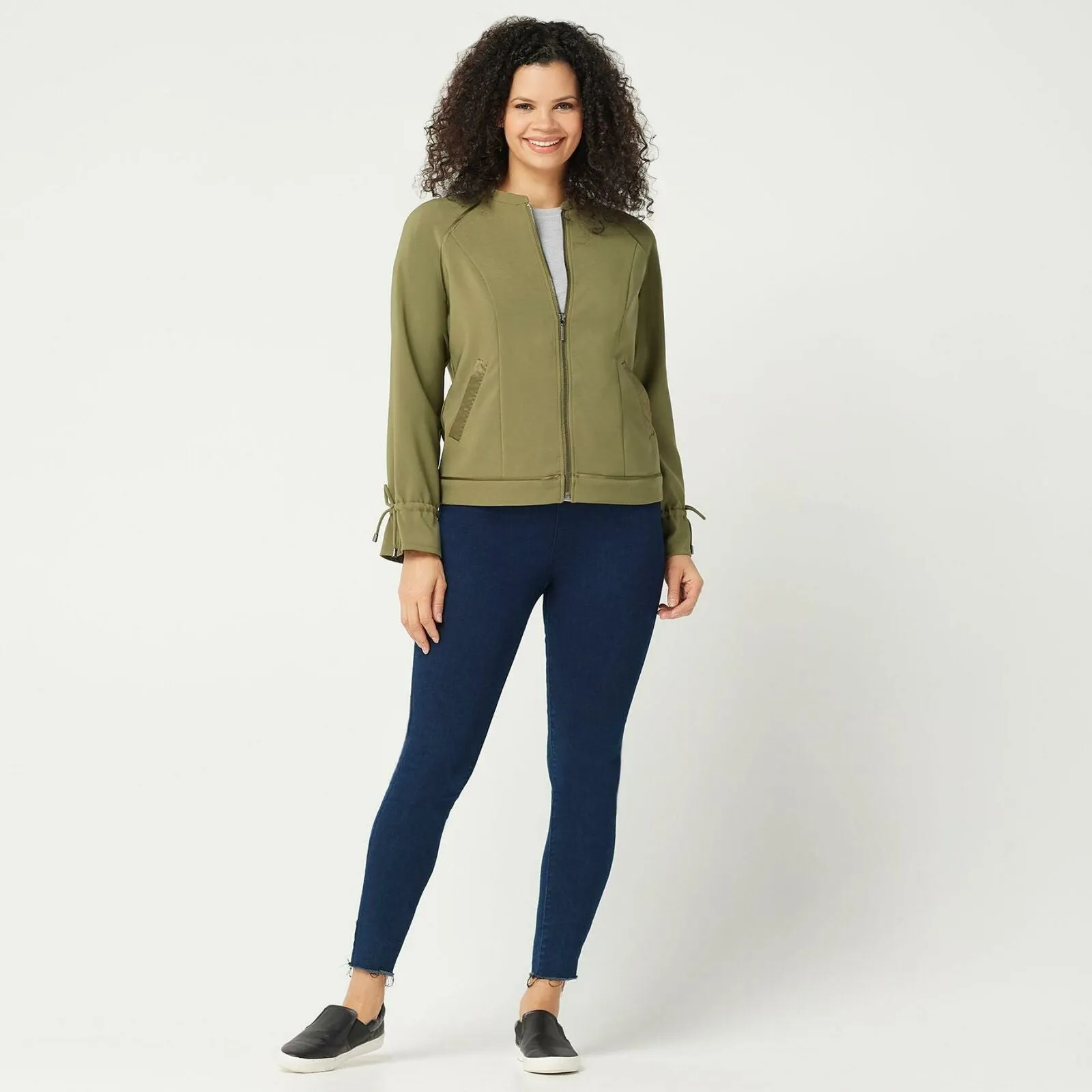 H by Halston Women's Zip-Front Bomber Jacket With Drawstring Sleeves