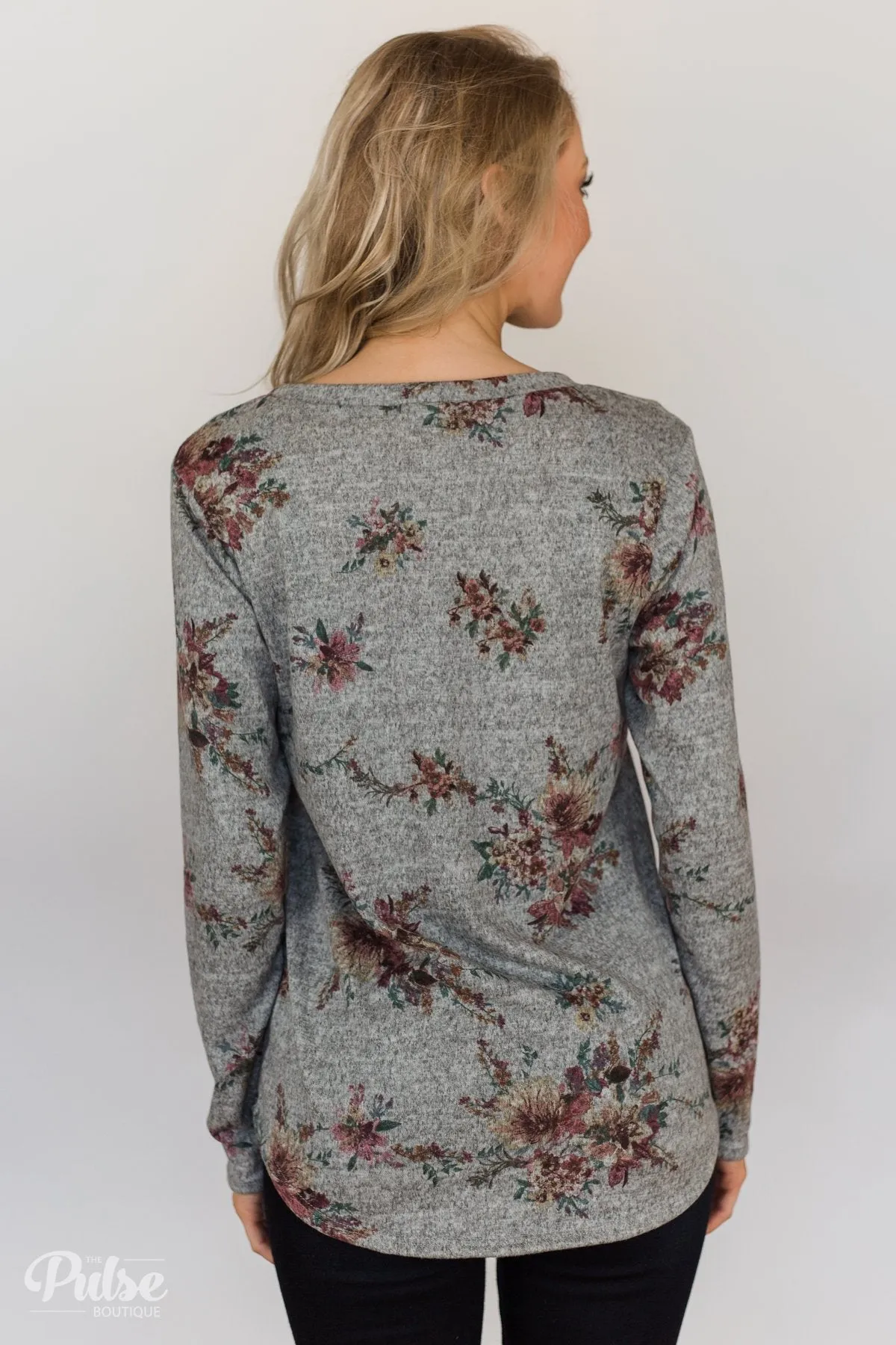 Hand Picked By You Floral Pullover Top- Heather Grey