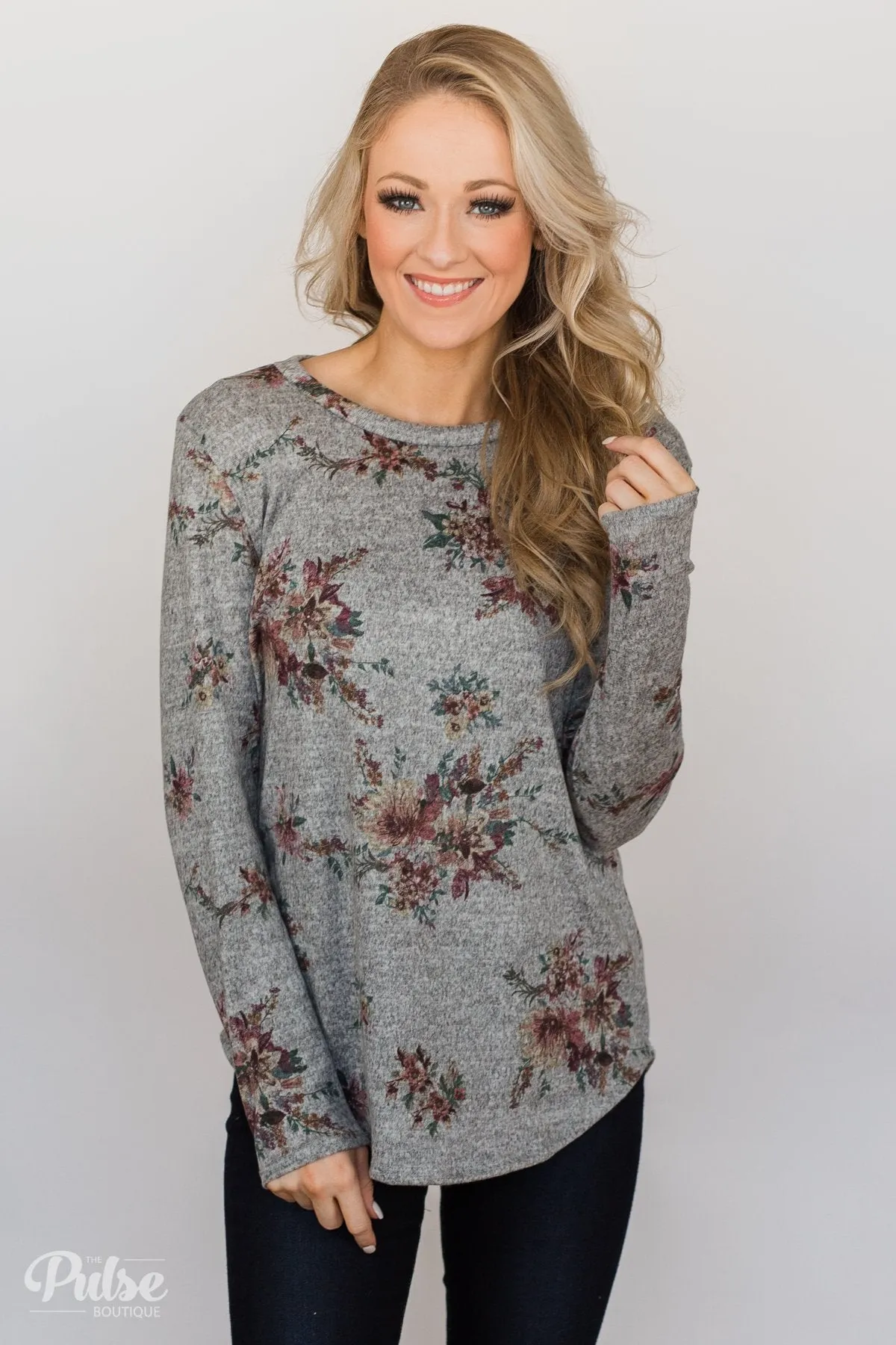 Hand Picked By You Floral Pullover Top- Heather Grey