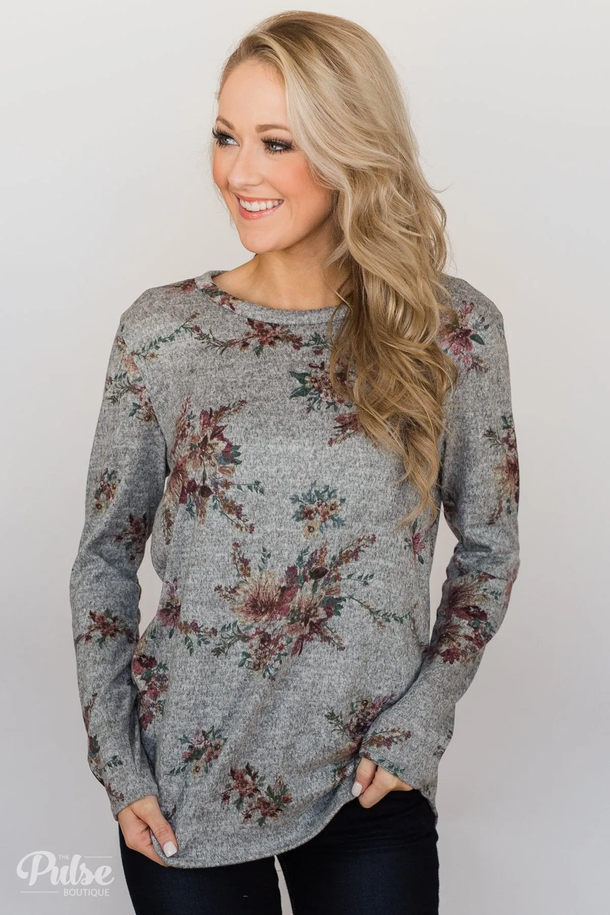 Hand Picked By You Floral Pullover Top- Heather Grey