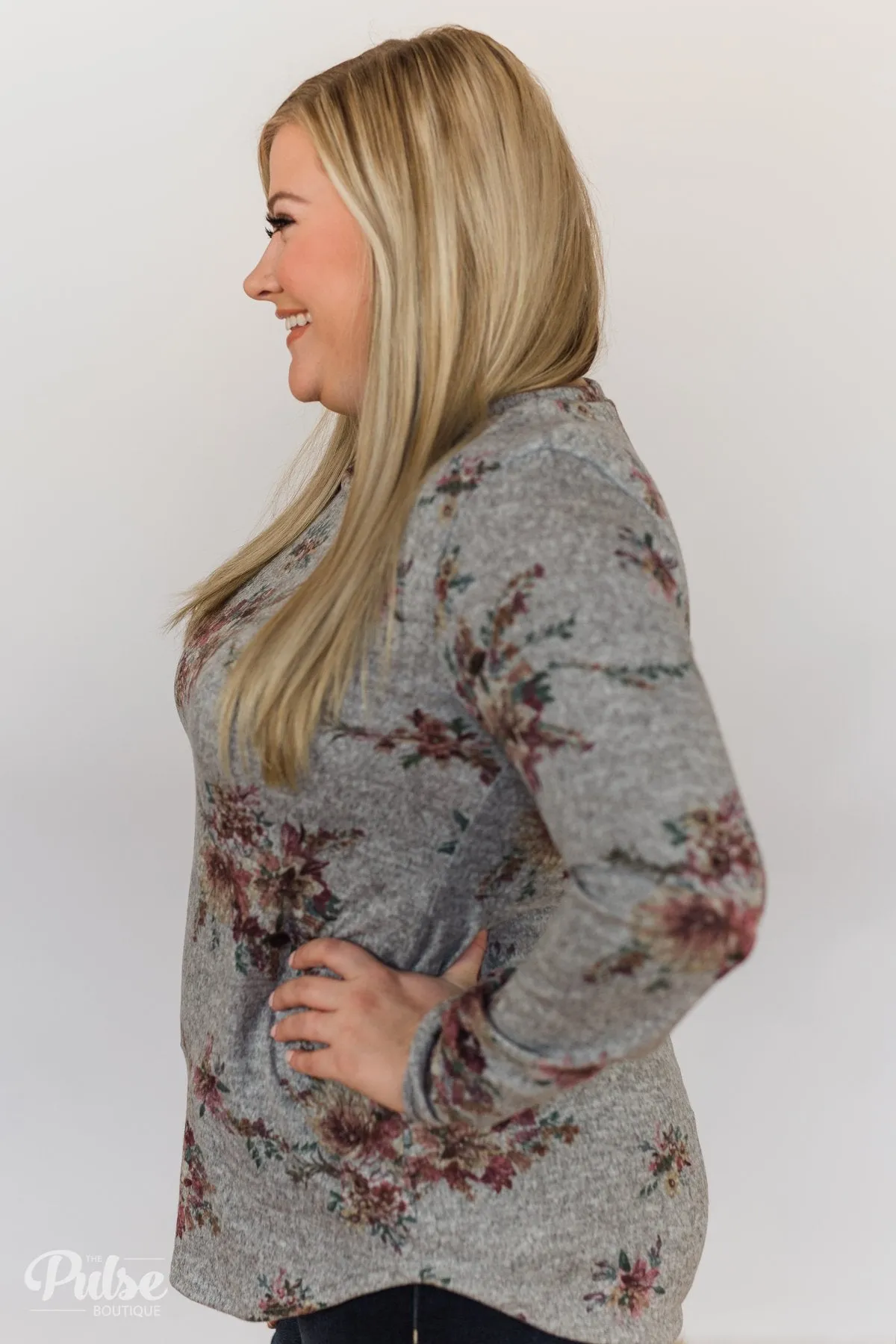 Hand Picked By You Floral Pullover Top- Heather Grey