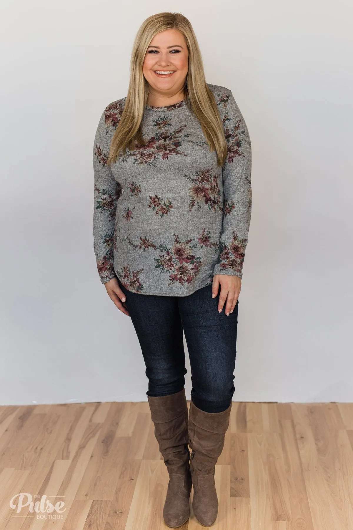 Hand Picked By You Floral Pullover Top- Heather Grey