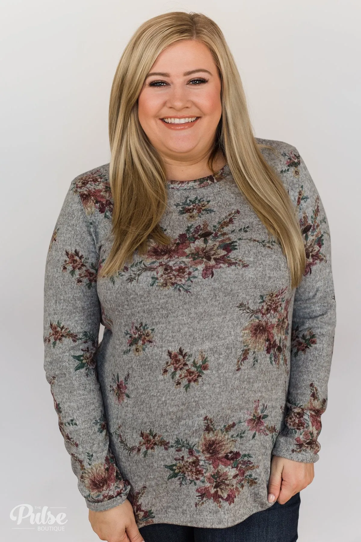 Hand Picked By You Floral Pullover Top- Heather Grey