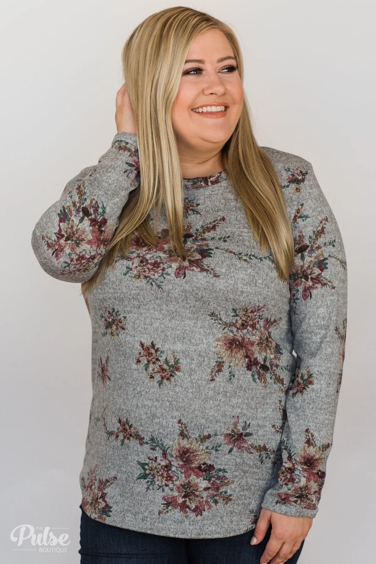 Hand Picked By You Floral Pullover Top- Heather Grey