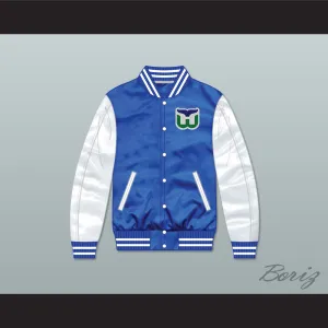 Hartford Whalers Blue/ White Varsity Letterman Satin Bomber Jacket