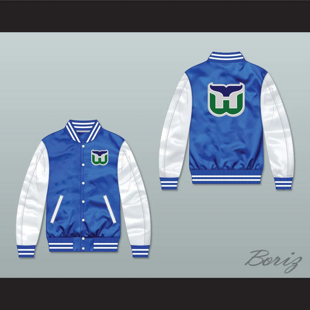 Hartford Whalers Blue/ White Varsity Letterman Satin Bomber Jacket