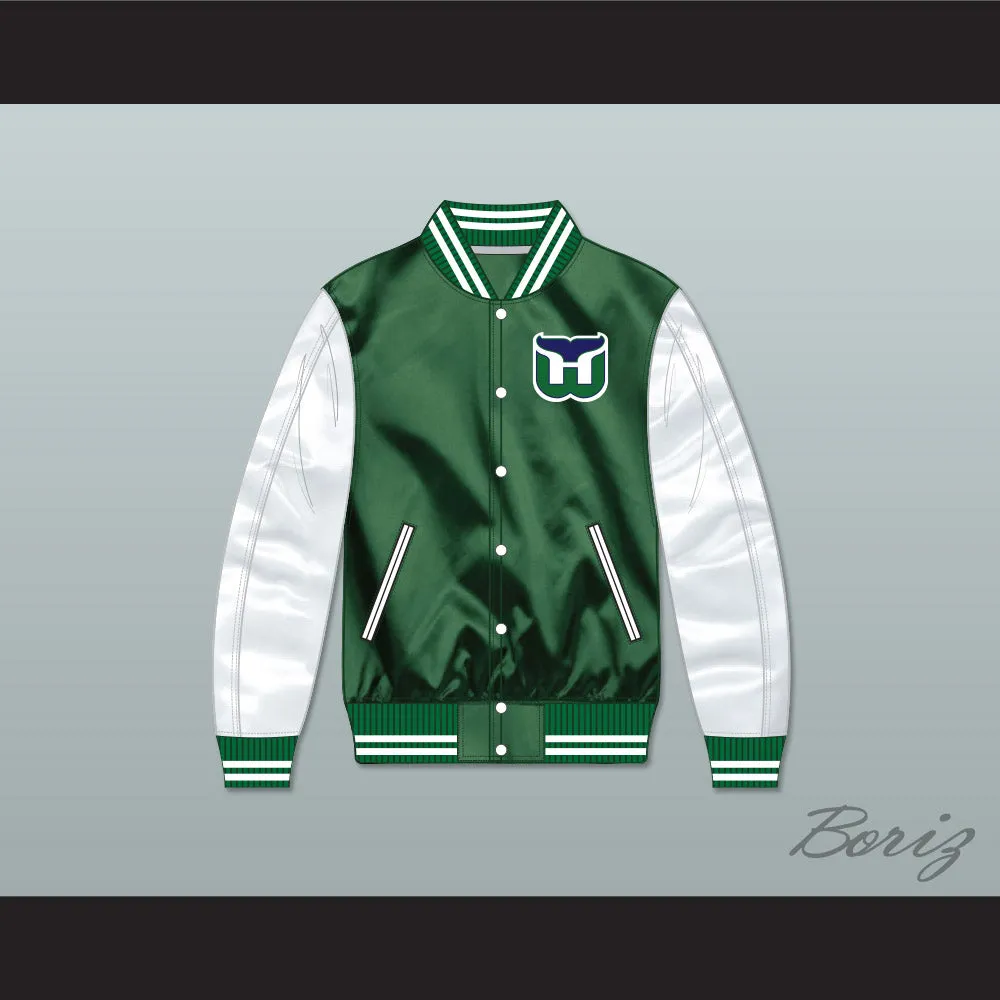Hartford Whalers Green/ White Varsity Letterman Satin Bomber Jacket