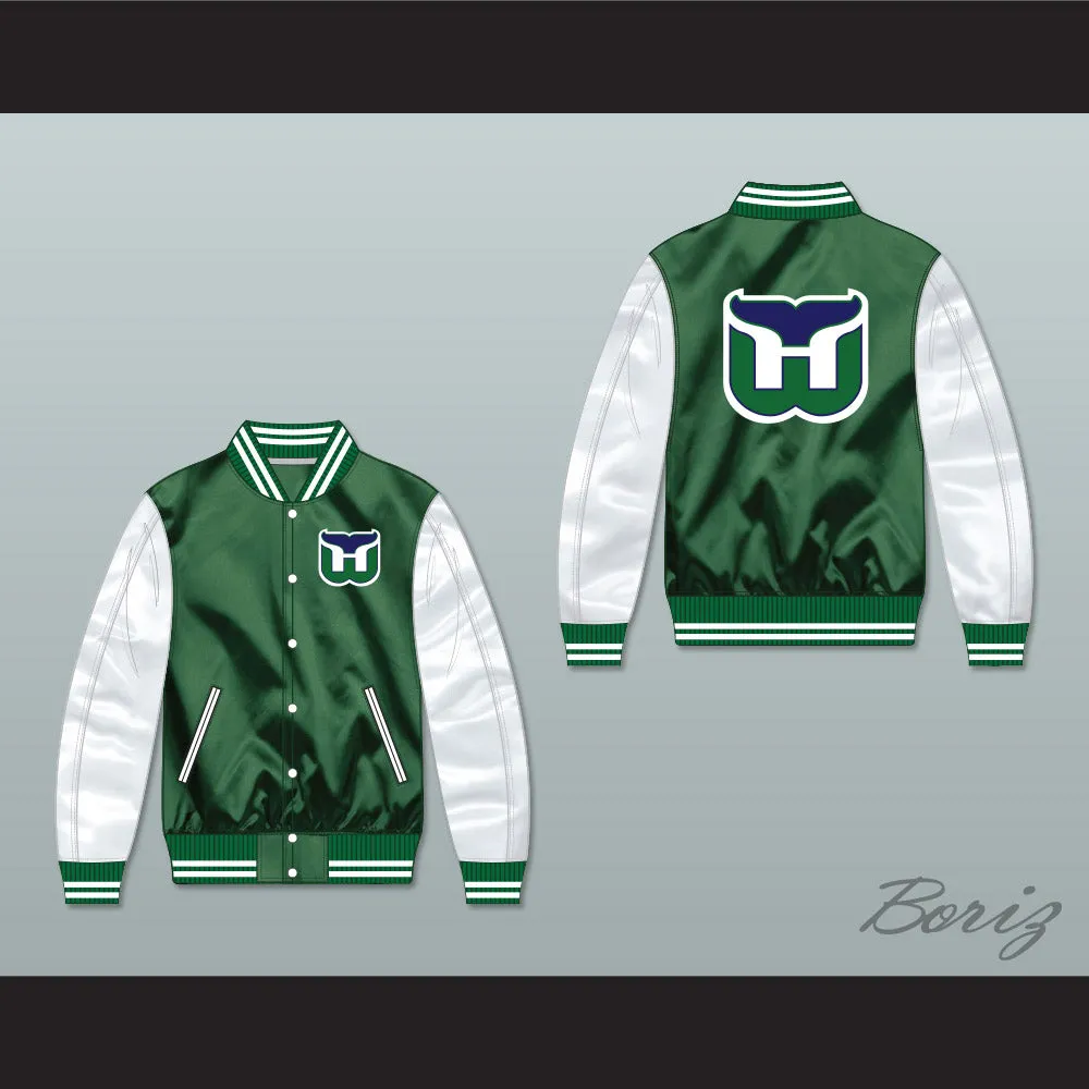 Hartford Whalers Green/ White Varsity Letterman Satin Bomber Jacket